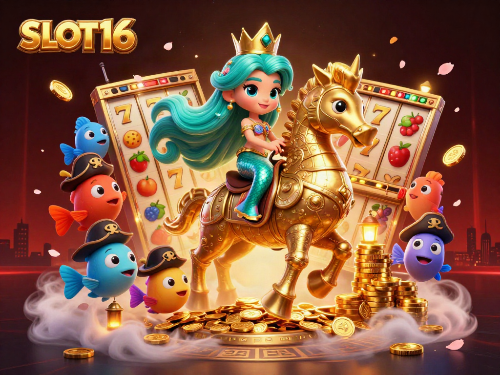 SLOT16 showcases a vibrant scene of a mermaid and seahorse amidst colorful slot symbols and casino elements.