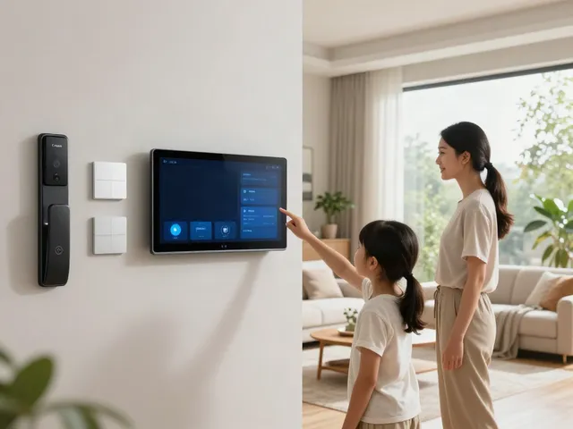 Smart home interior with family using smart audio system and devices, highlighting جهان اسمارت technology.