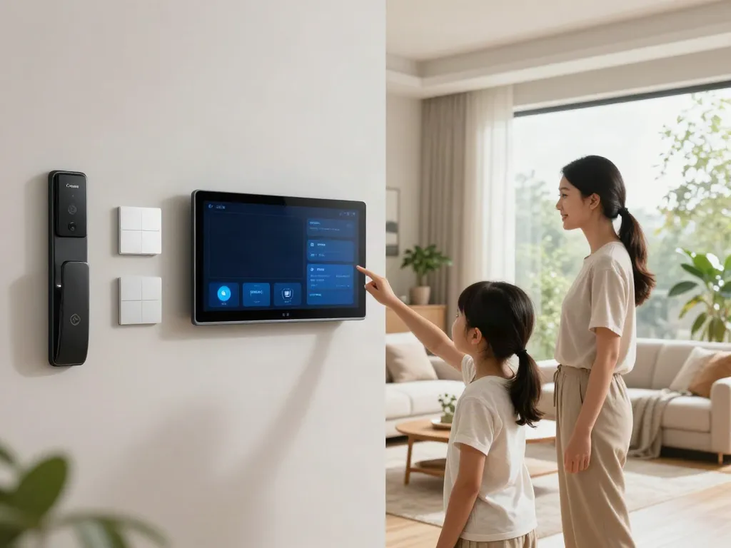 Smart home interior with family using smart audio system and devices, highlighting جهان اسمارت technology.