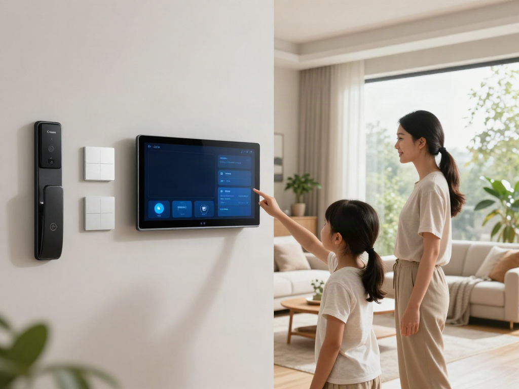 Smart home interior with family using smart audio system and devices, highlighting جهان اسمارت technology.