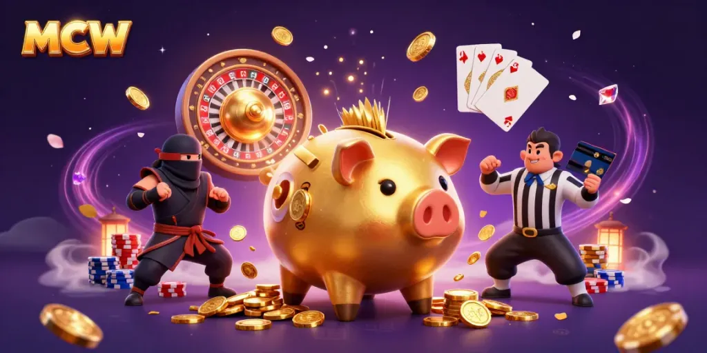 Engage with MCW’s thrilling gaming scene featuring characters and casino elements.