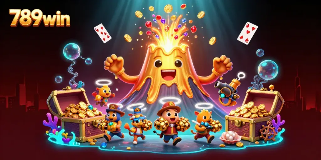 Experience the excitement of 789win with a golden volcano erupting coins and gems amidst dynamic treasures with vibrant colors.