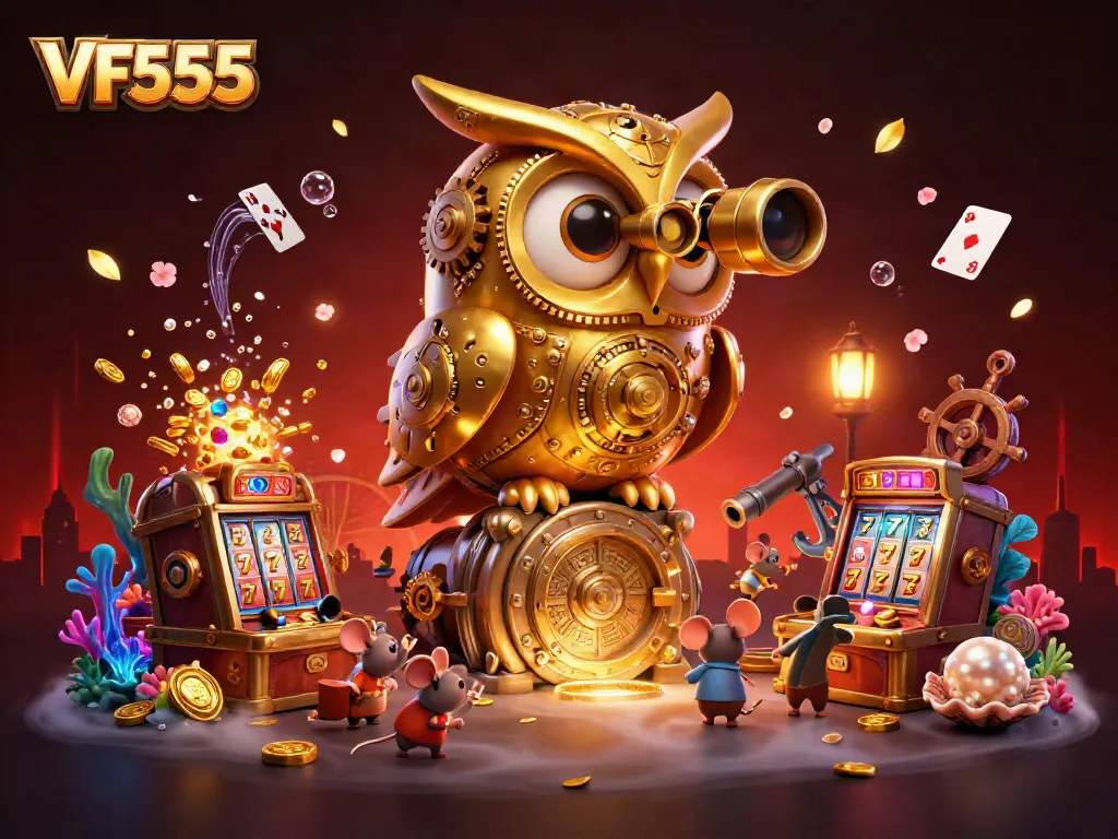 Engage with the VF555 casino experience featuring a clockwork owl and vibrant game elements.