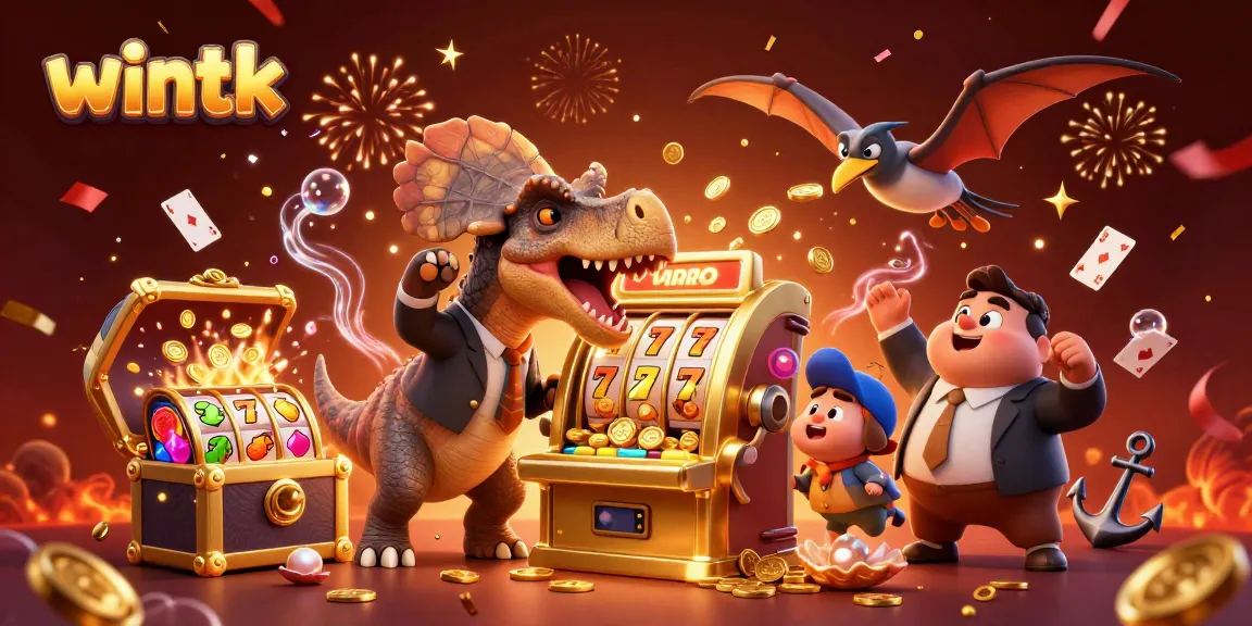 Experience the thrill of wintk as a dinosaur triumphs at a golden slot machine amidst a vibrant casino scene.