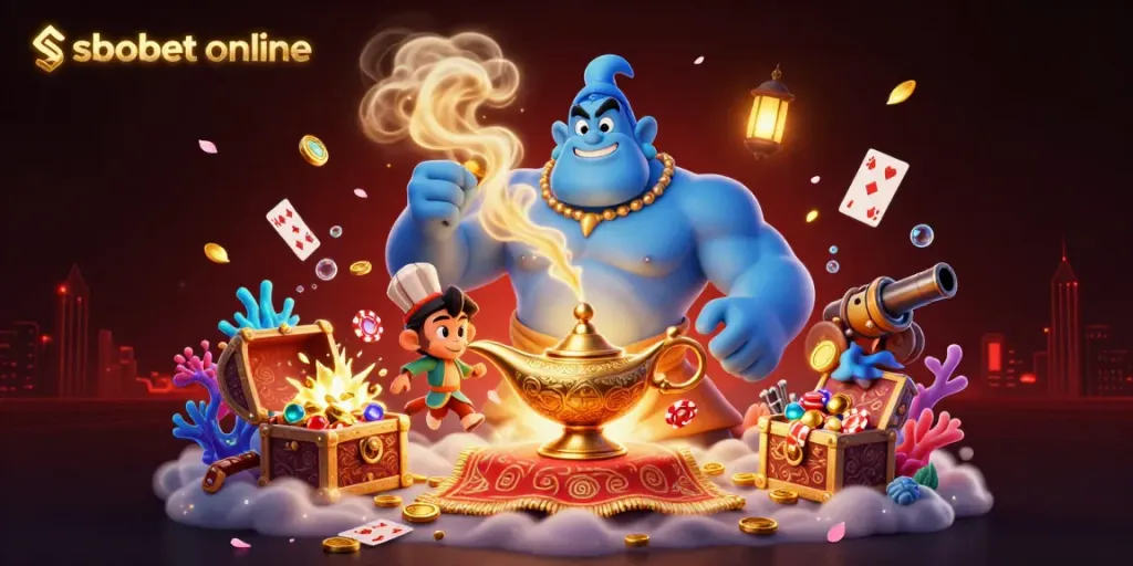Experience sbobet online with a vibrant scene featuring a genie and poker chips amidst treasure and fantasy elements.