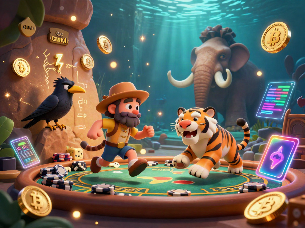 Kuwin casino showcases a 3D cartoon caveman and sabertooth tiger running a prehistoric gaming scene filled with vibrant crypto elements.