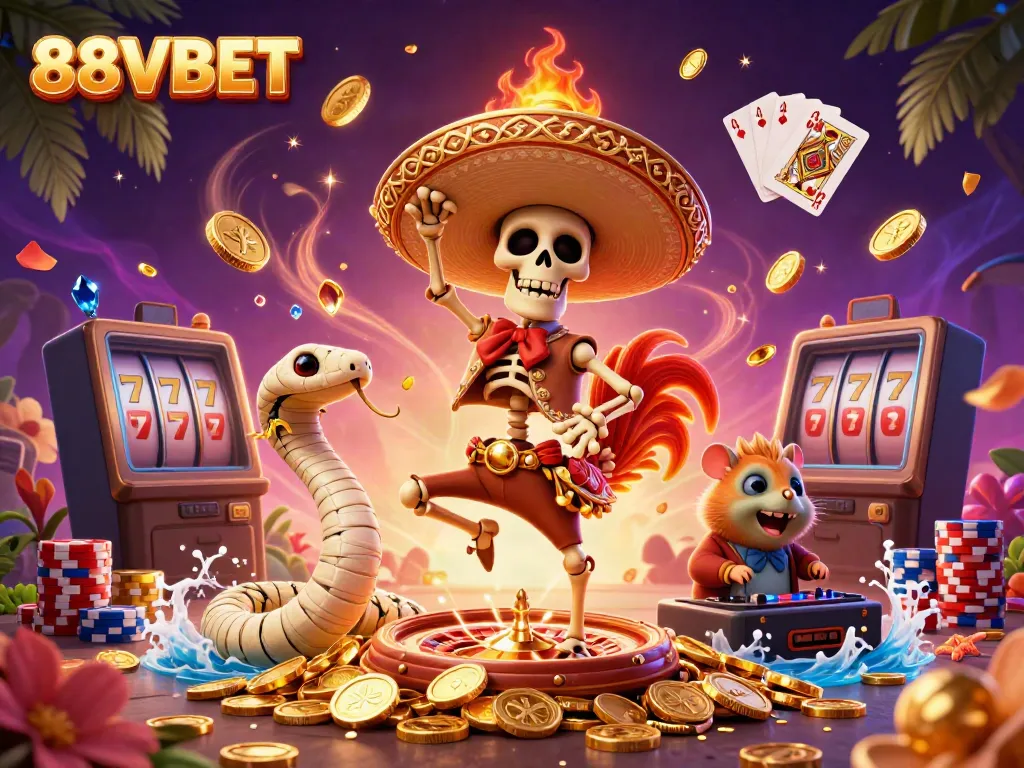 Experience thrilling gaming with 88VBET's vibrant 3D casino illustration featuring dynamic characters.