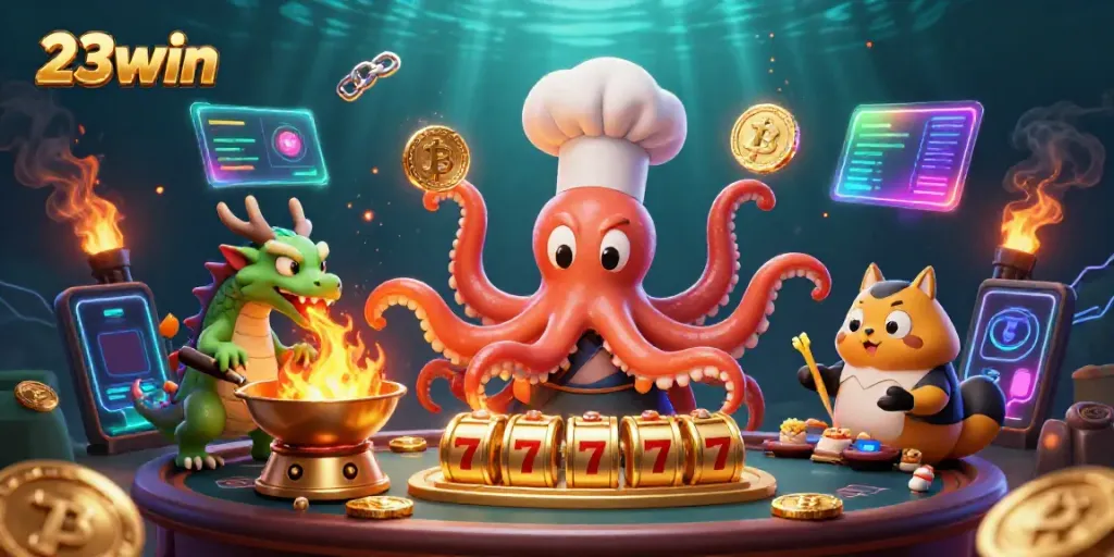Join the excitement at 23win, featuring a vibrant octopus sushi chef and friends enjoying engaging casino games.
