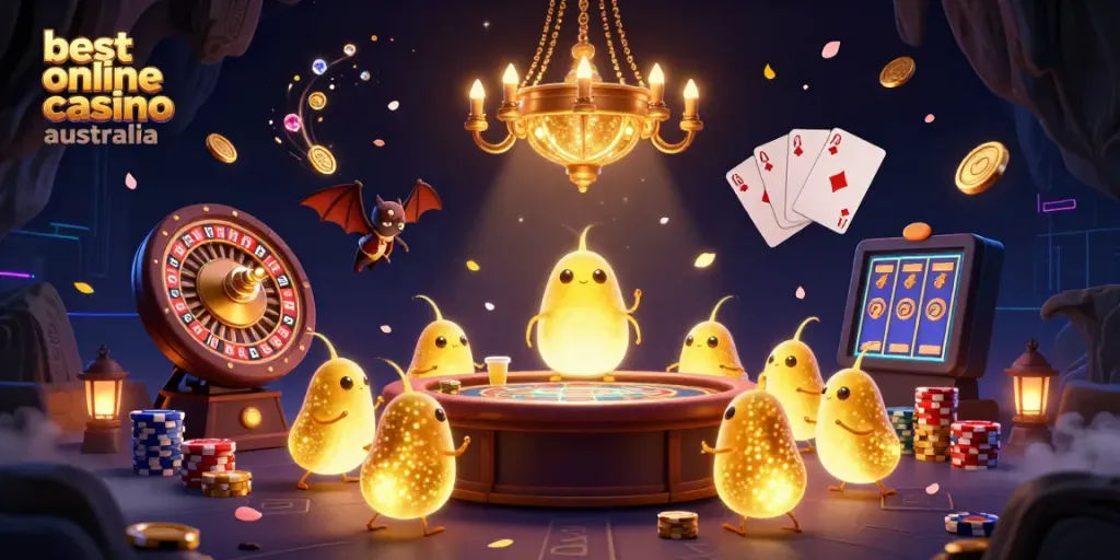 Engaging 3D scene showcasing the best online casino Australia with glowworms lighting a vibrant cave casino.