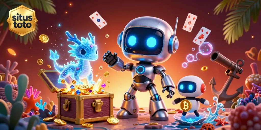 Experience the exciting world of situs toto with a vibrant 3D scene featuring cyberpunk elements and gaming treasures.