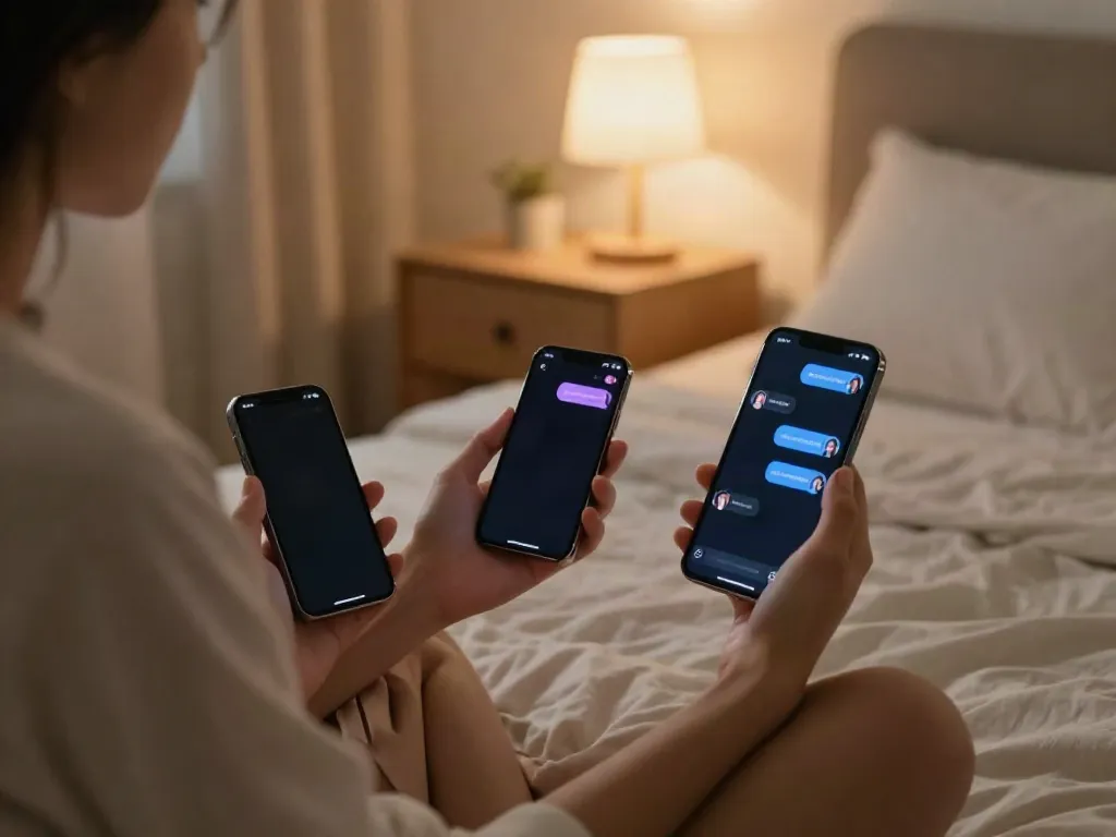 Engaging in ai sex chat on smartphone in cozy bedroom.