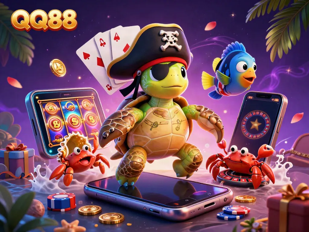 Experience the vibrant energy of QQ88 with a pirate turtle, crab, and parrotfish amidst colorful casino elements.