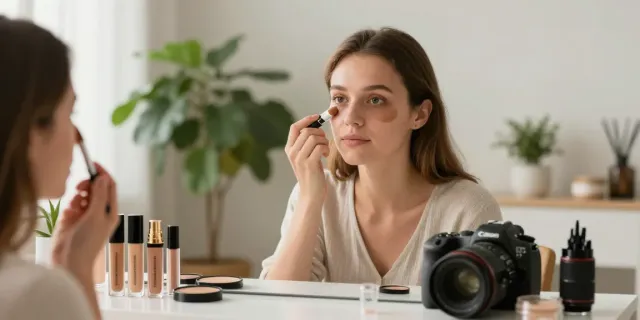 Augenringe abdecken mit Concealer und Make-up auf einem schmuckvollen Schminktisch.