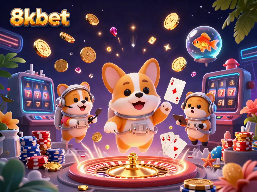 Play exciting games at 8xbet with vibrant casino elements floating in a zero-gravity setting.