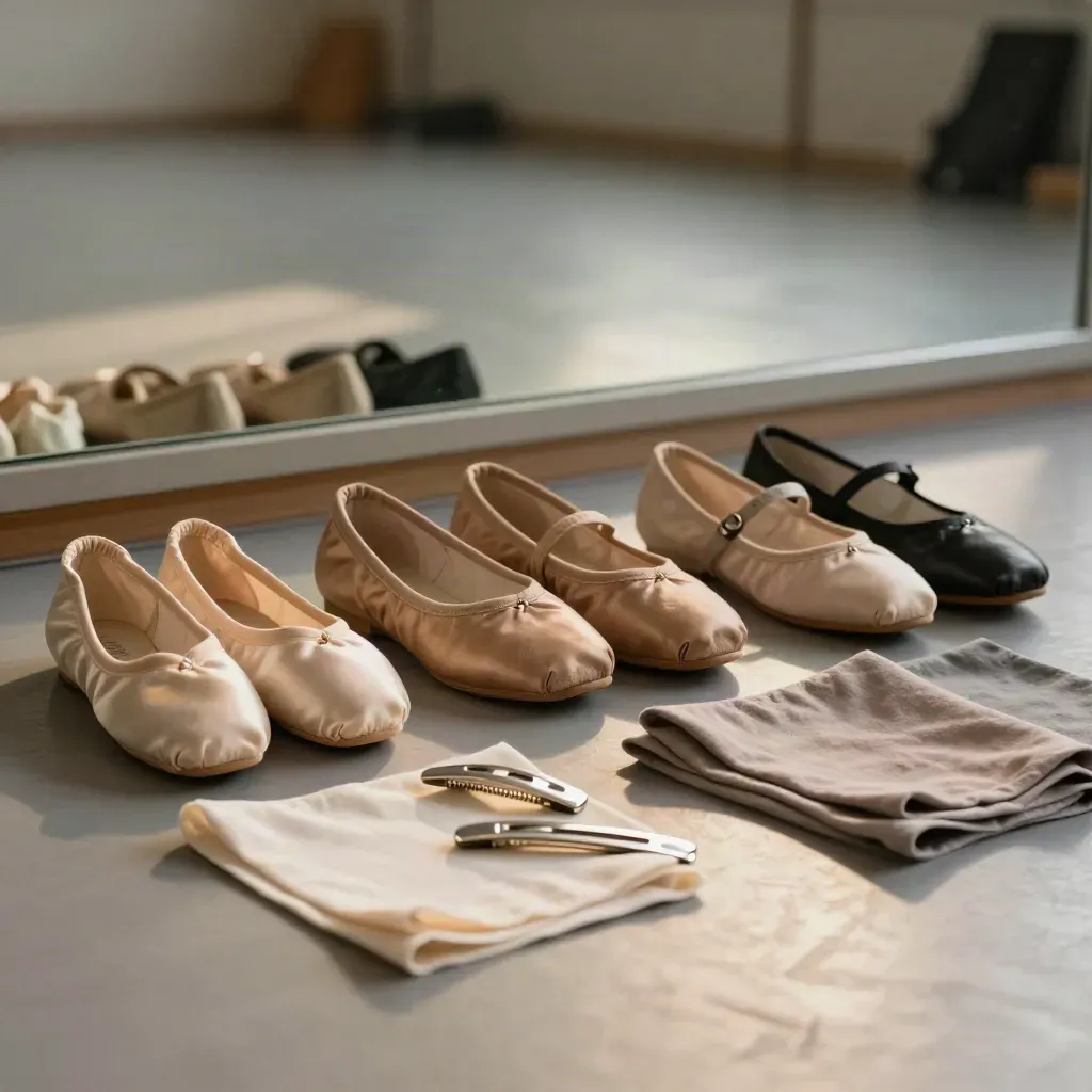 Dance shoes, hair clips, and fabric swatches arranged before a dark rehearsal mirror.