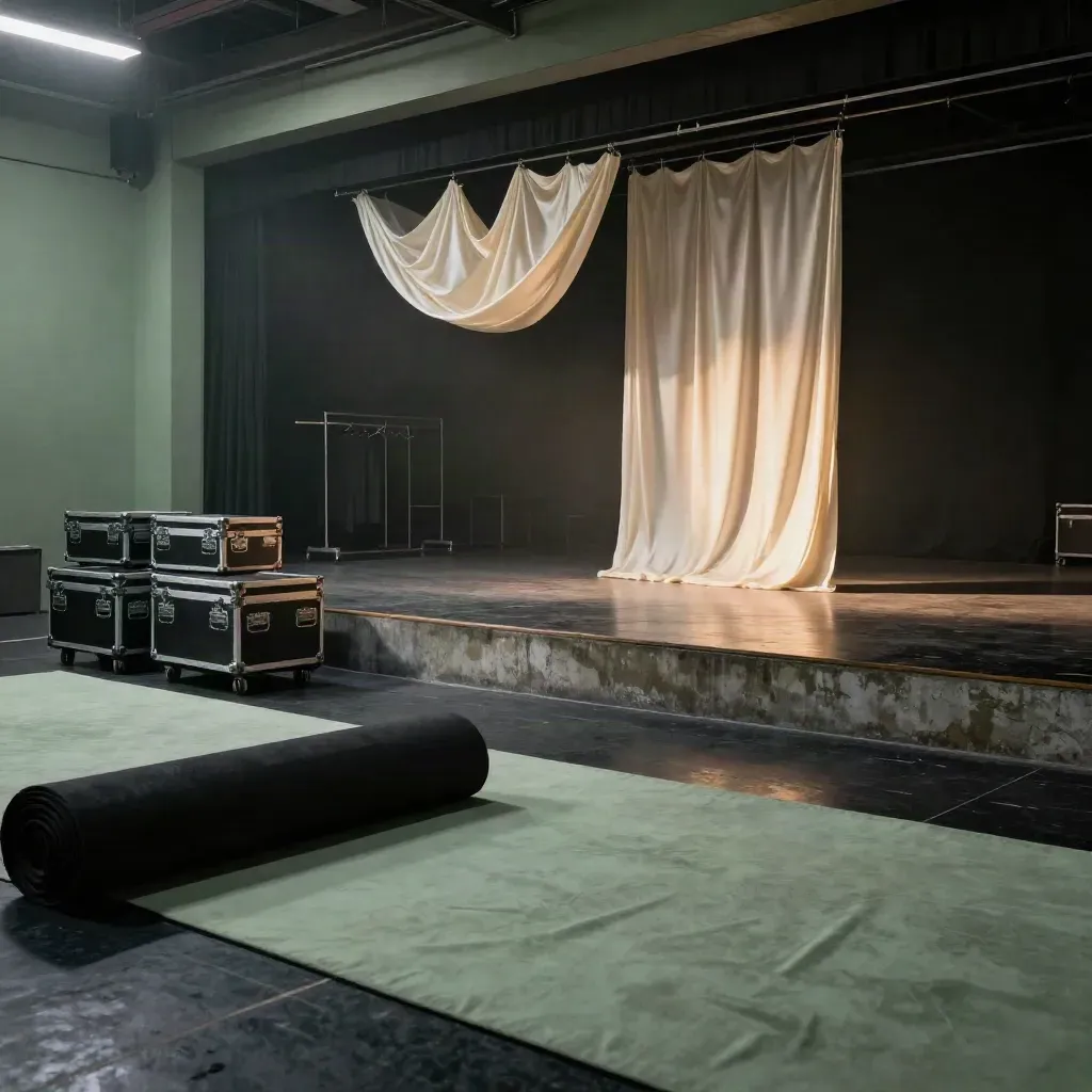 Empty black-box dance venue with marley flooring, road cases, silk drape, and haze at sunset.