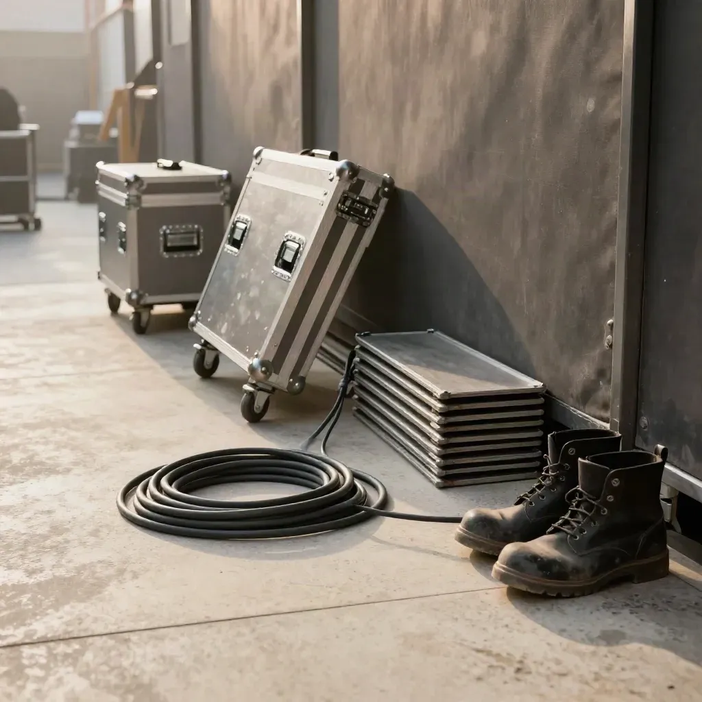 Backstage road cases, comms cable, stage wedges, and work boots in motion