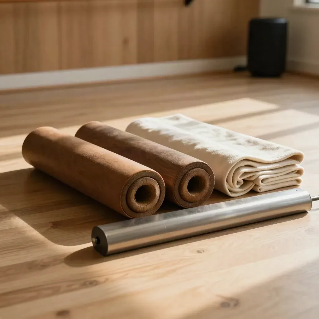 Rolled marley mats, portable barre, towels and speaker on a sunlit dance studio floor.
