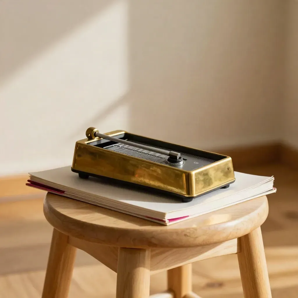 Brass metronome, folded tape, and rehearsal notebooks on a pale wood stool in warm window light.