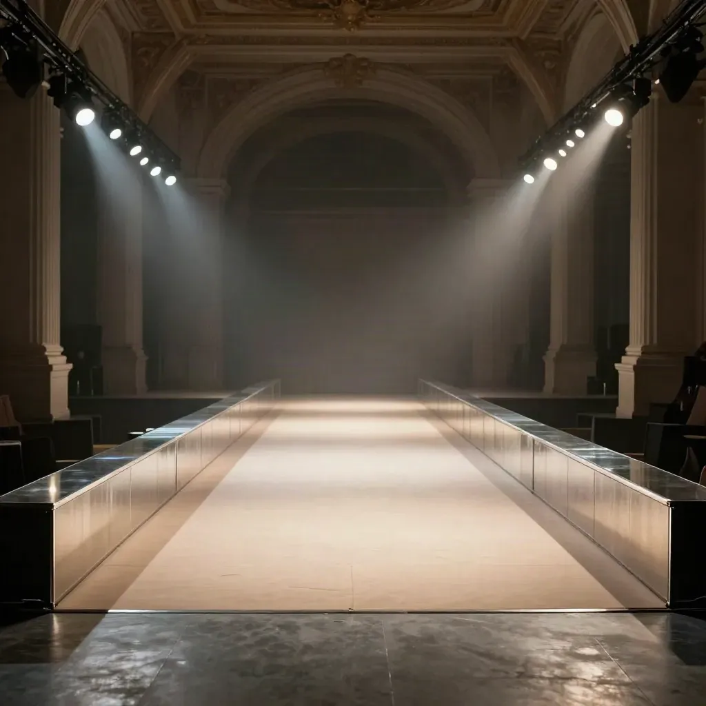 Empty ballroom runway with mirrored edges and spotlights in hazy pre-show glow.