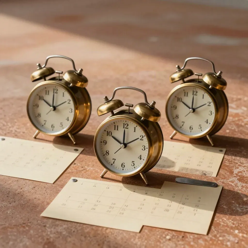Top-down rehearsal scheduling scene with clocks, brass bells, and taped floor squares on stone.