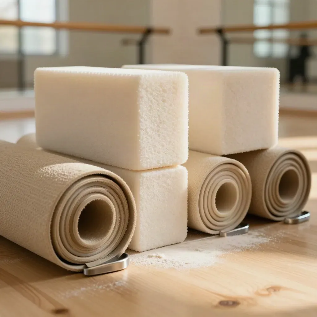 Extreme macro of dance studio mats, barres, and blocks resetting after a sold-out workshop.