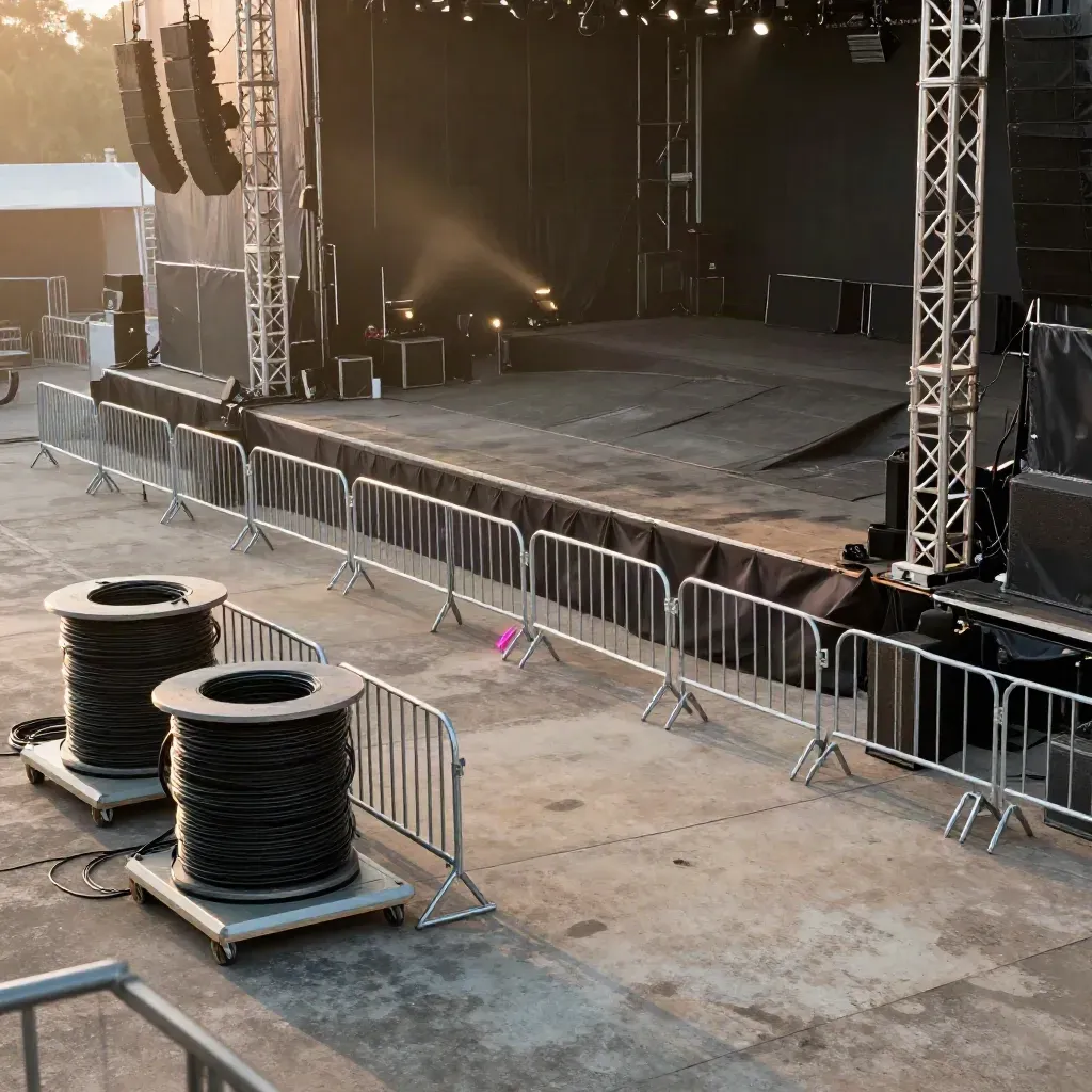 Two festival stage zones with cables, barricades, truss towers, and safety mats ready for setup.