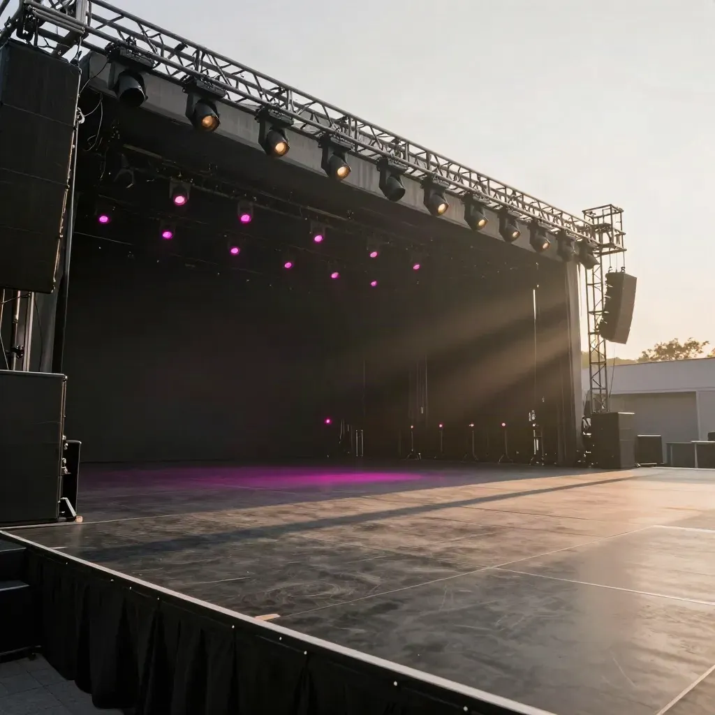 Empty gala stage with cue lights, truss heads and spotlights in thin haze, low dramatic angle