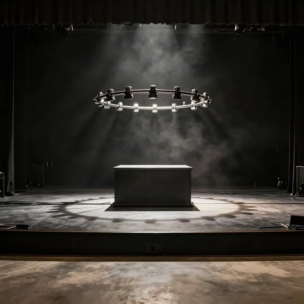 Empty black-box stage with centered plinth, silver light heads, and haze.