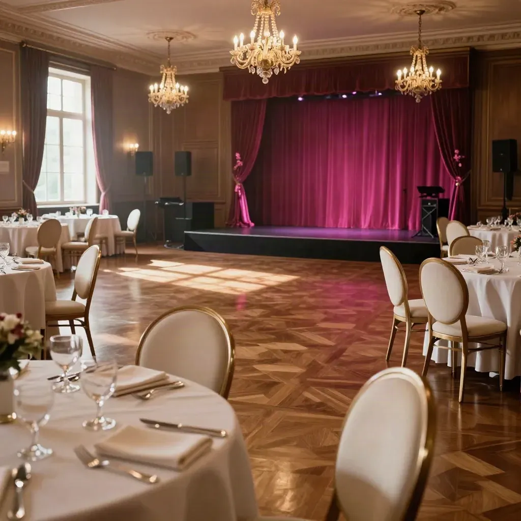 Elegant ballroom set for a gala with open dance floor and low stage riser