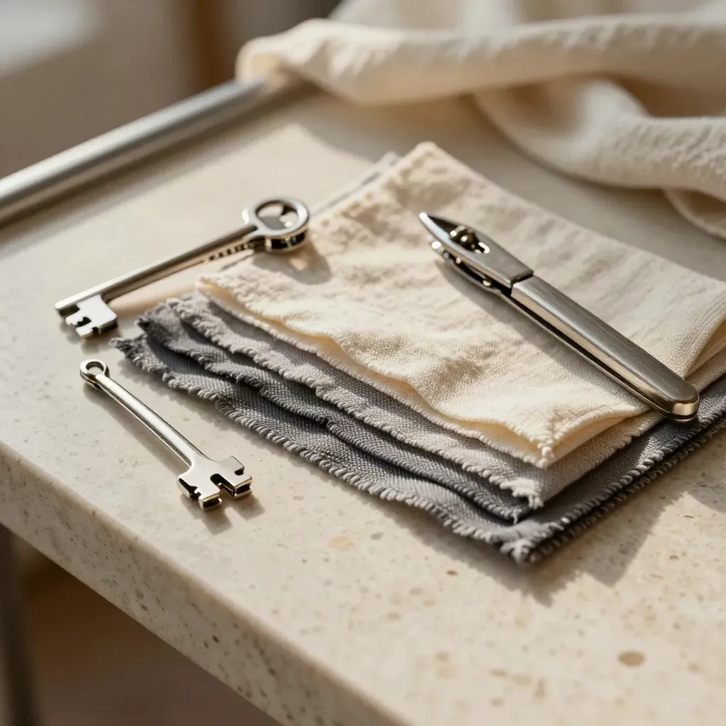 Macro overhead of casting tools, fabric swatches and clips on travertine in a studio fitting space.