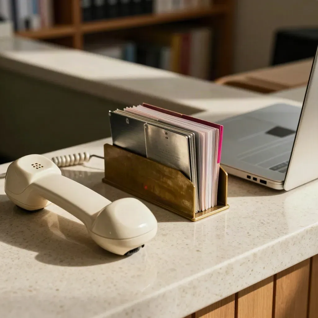 Phone handset, laptop and brass tag holder on a travertine counter.