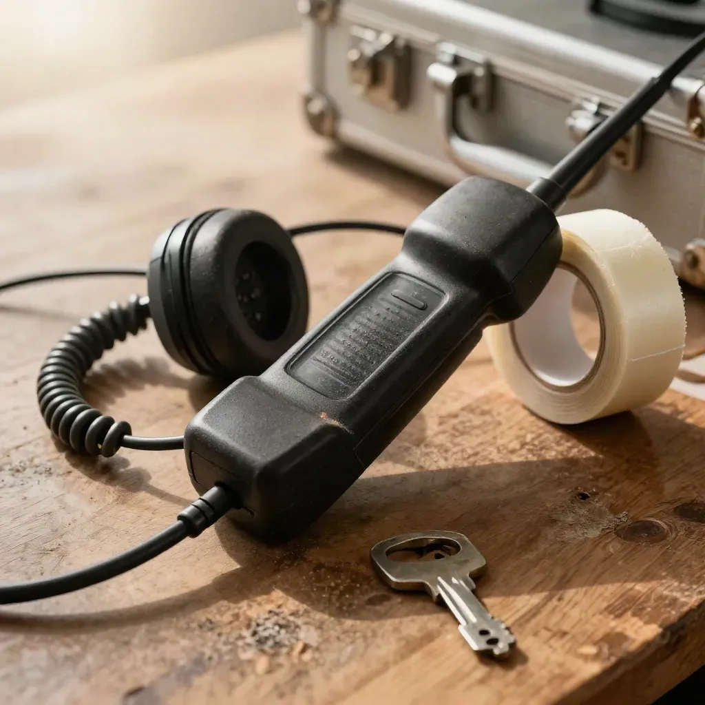 Radio handset, headset cable, road-case corner and gaffer tape on a worn workbench.