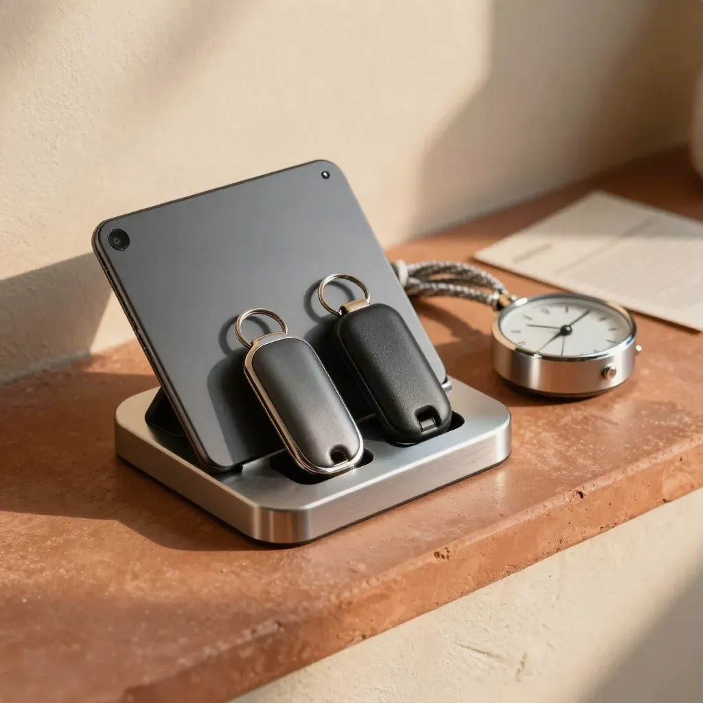 Closed tablet, charging dock, key fobs, clock, and cable loop on a terracotta ledge.