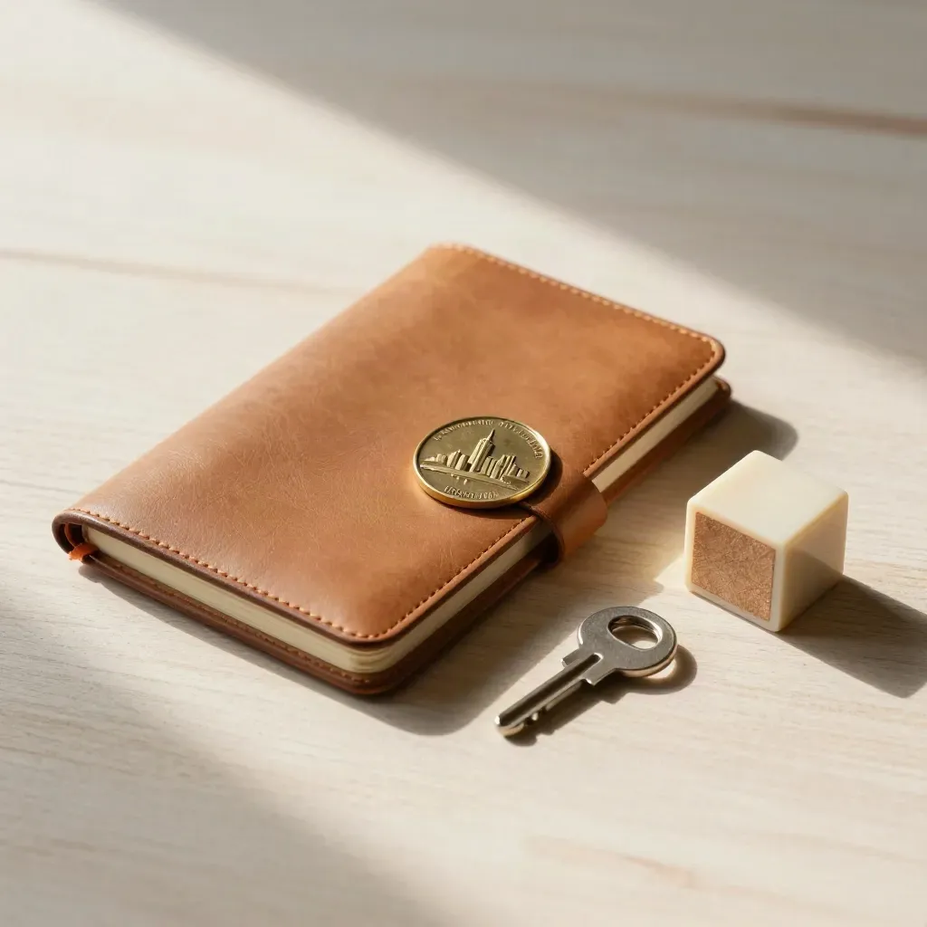 Leather notebook, brass token, room key and stage block on pale wood in soft side light.