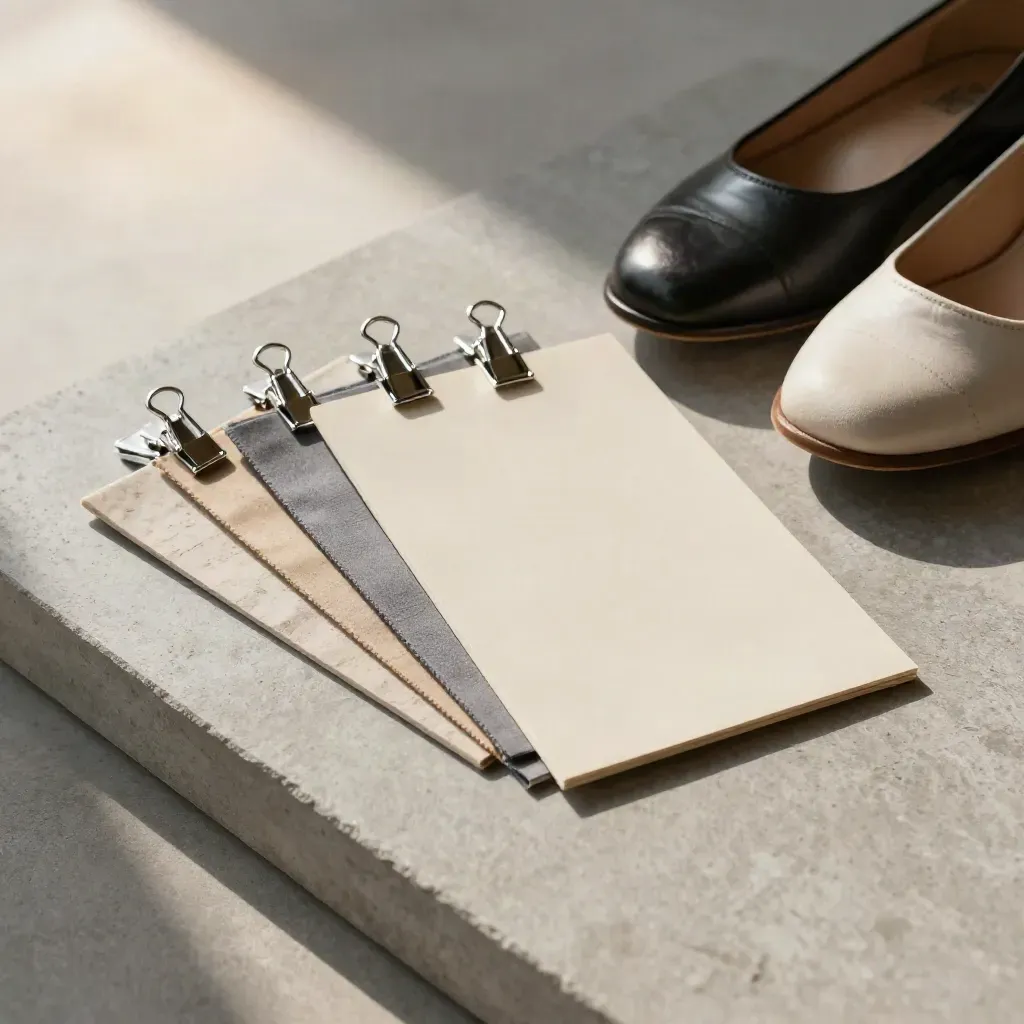 Overhead stone flatlay of portfolio sleeves, clips, swatches and rehearsal shoes in a selection arc.