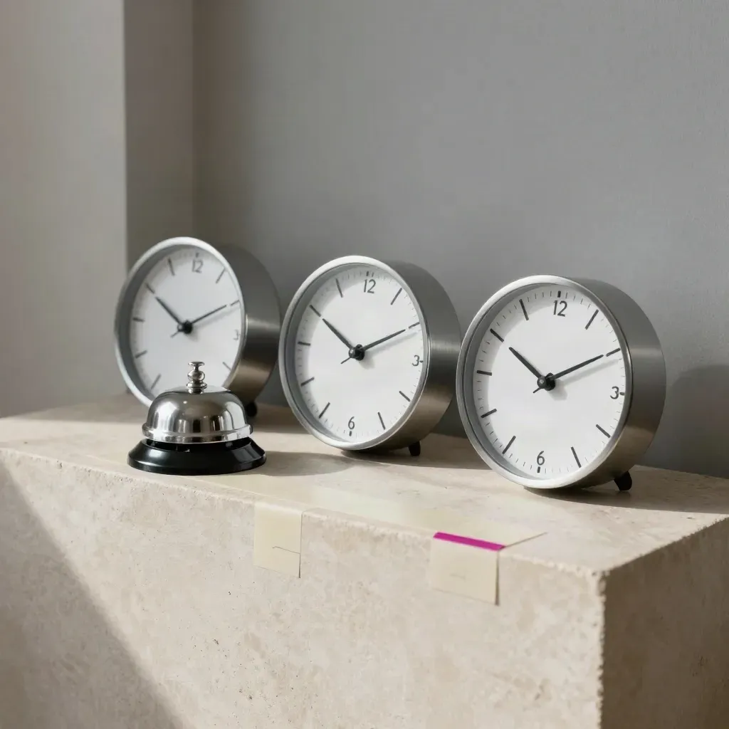 Three clocks, a folded bell and stage tape on pale plaster with one magenta accent.