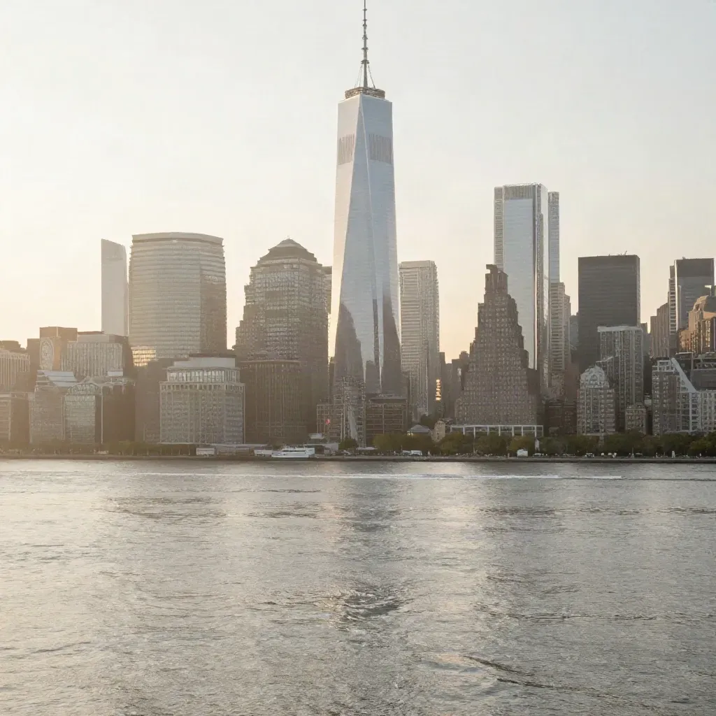 Manhattan skyline above the East River in sunrise haze with calm water below