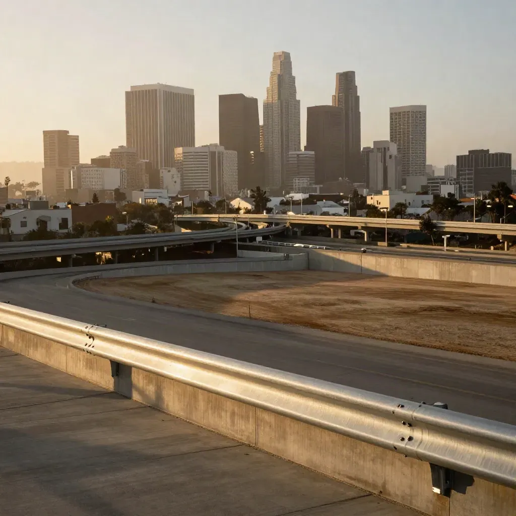 Hazy golden-hour view of downtown Los Angeles from a hillside overlook with freeway ribbons below.