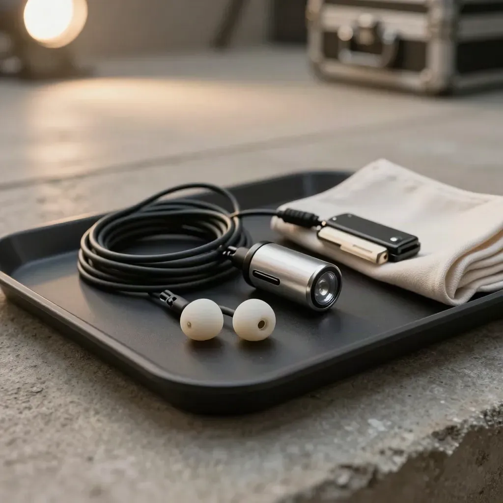 Backstage tray with earpieces, cue light, cable coil and latch in soft side light.