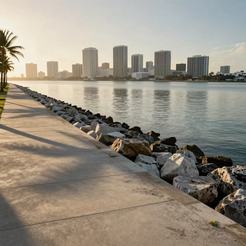 Pastel Miami waterfront skyline above calm bay water and palm shadows at dusk.
