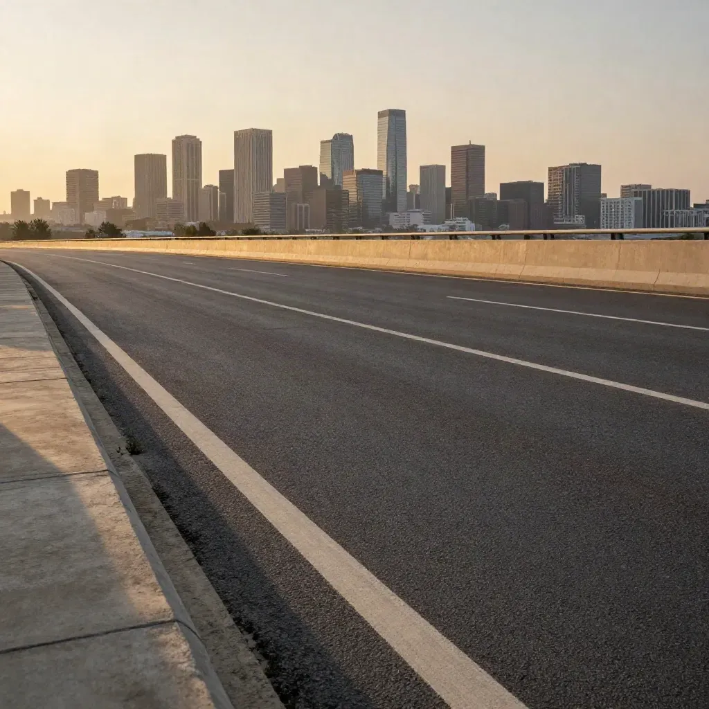 Empty interstate ribbon toward a hazy city skyline at dusk, with warm concrete and calm copy space.