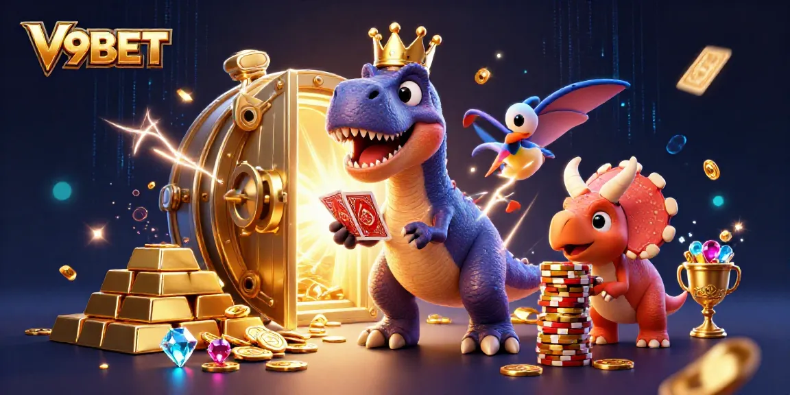 Experience the excitement of V9BET with a vibrant scene featuring cartoon dinosaurs and casino elements.