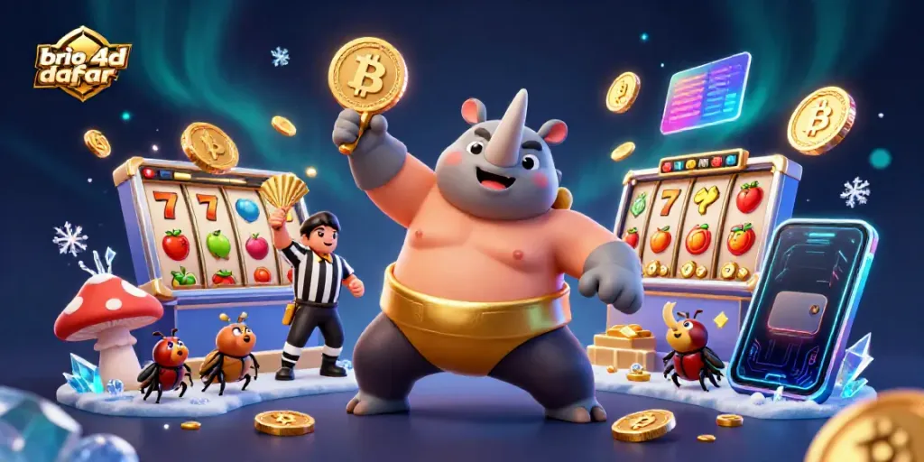 Experience the engaging features of brio4d daftar with this vibrant slot scene featuring a heroic beetle champion.