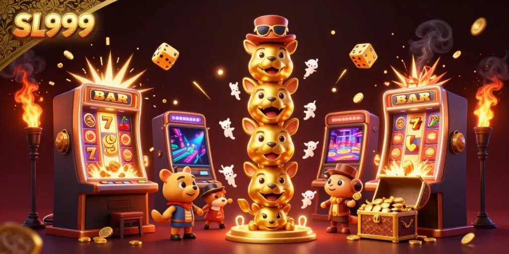 Experience the excitement of SL999 with a vibrant casino scene showing jackpot slots, festive symbols, and a golden totem.