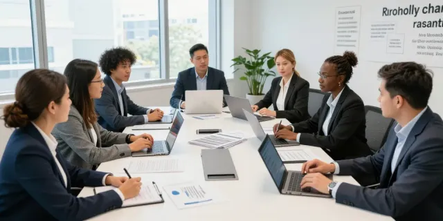 Your team engaged in leadership development programs Connecticut in a collaborative modern office setting, discussing strategies for growth.