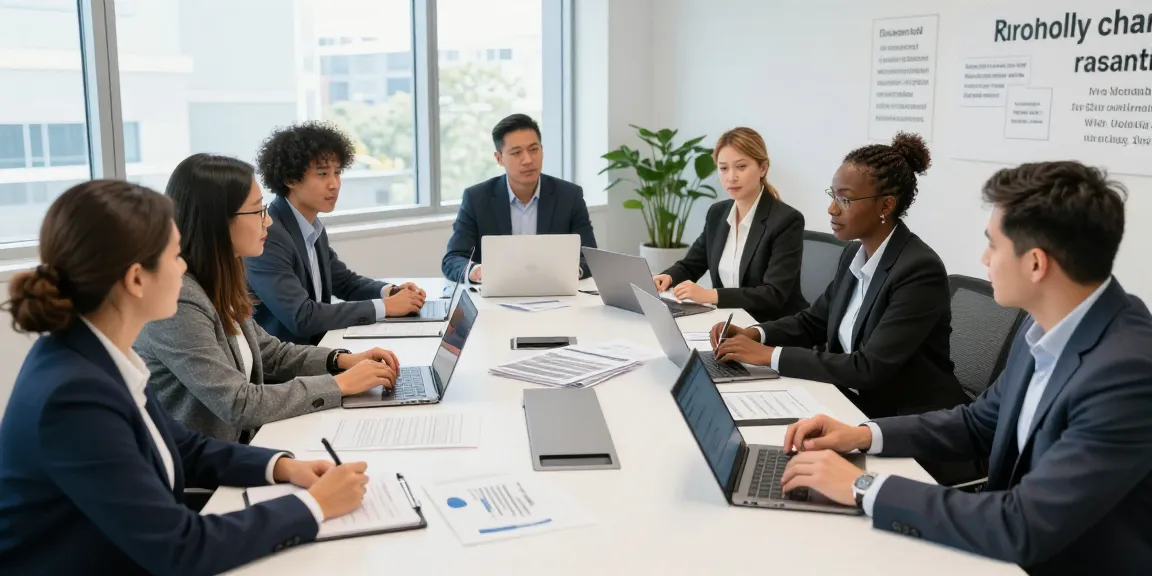 Your team engaged in leadership development programs Connecticut in a collaborative modern office setting, discussing strategies for growth.