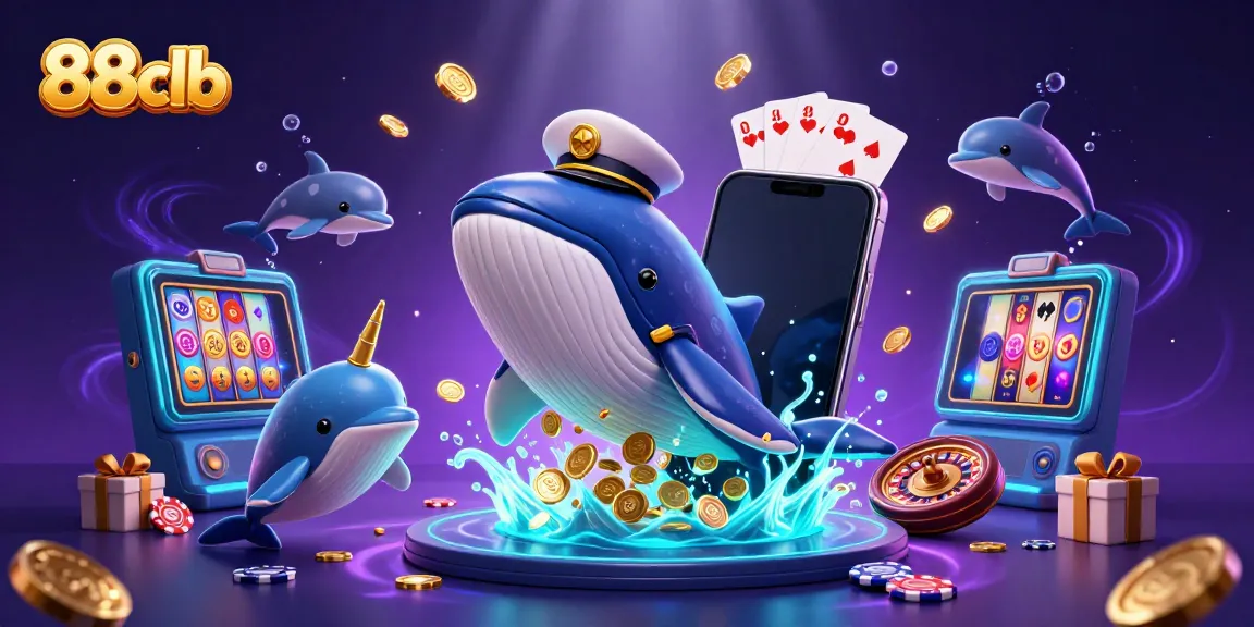 Engage with vibrant 88clb casino action featuring a whale, narwhal, and dolphins amid a swirl of gaming elements.