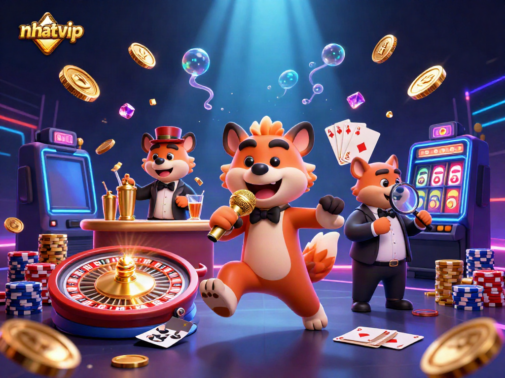 Engage with Nhatvip's vibrant casino scene featuring hyenas at a comedy club.