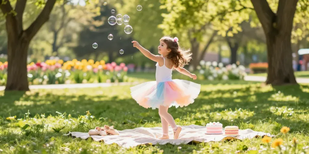 Girl in a colorful tutu playing in a sunny park near tutu-store.com.